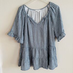 Beach Lunch Lounge Blue Stripe Cotton Peplum Top XL Coastal Boho Breezy Blouse